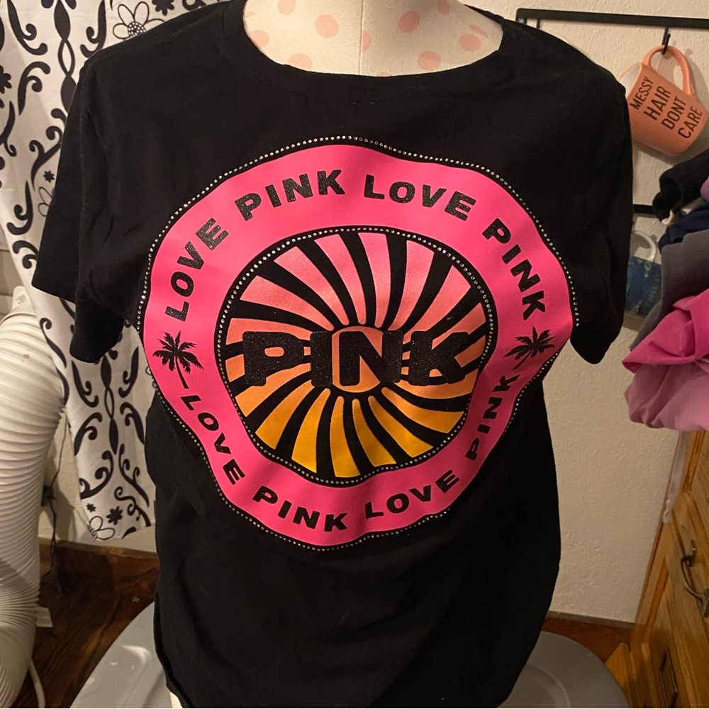 PINK t shirt with bling and glitter size L
